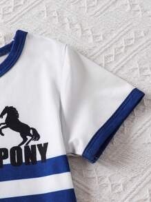 Baby Boys Cute Casual Gift Outdoor Comfortable Soft Cartoon Horse & Letter Print Colorblock Striped Crew Neck Short Sleeve Romper, Summer