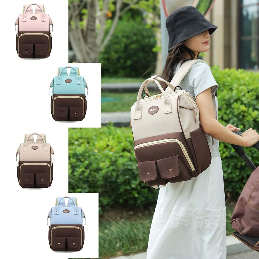 1pc New High-Quality Colorblock Nylon Diaper Bag Backpack For Moms, Large Capacity Waterproof Baby Nappy Bag With Separate Wet/Dry Compartments, Tissue Holder, Bottle Pocket, Stroller Hooks, Luggage Sleeve, Durable For Travel - Multicolor - View 1