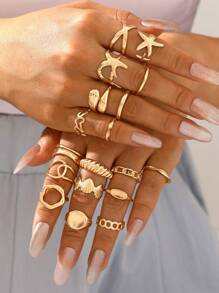 3/5/10 Pcs Set Of Starfish, Seashell, Heart, Knot, Chain, Geometric, Round, Teardrop, Plain Solid Band Rings, Fashion, Simple, Elegant, Vintage Design, Suitable For Holiday, Party, Date, Gift, Daily Wear