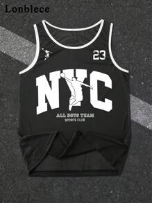 Lonblece 1pc Casual Numeric & English Letter Print Quick-Dry Round Neck Sleeveless Tank Top, Sports Style, Spring/Summer