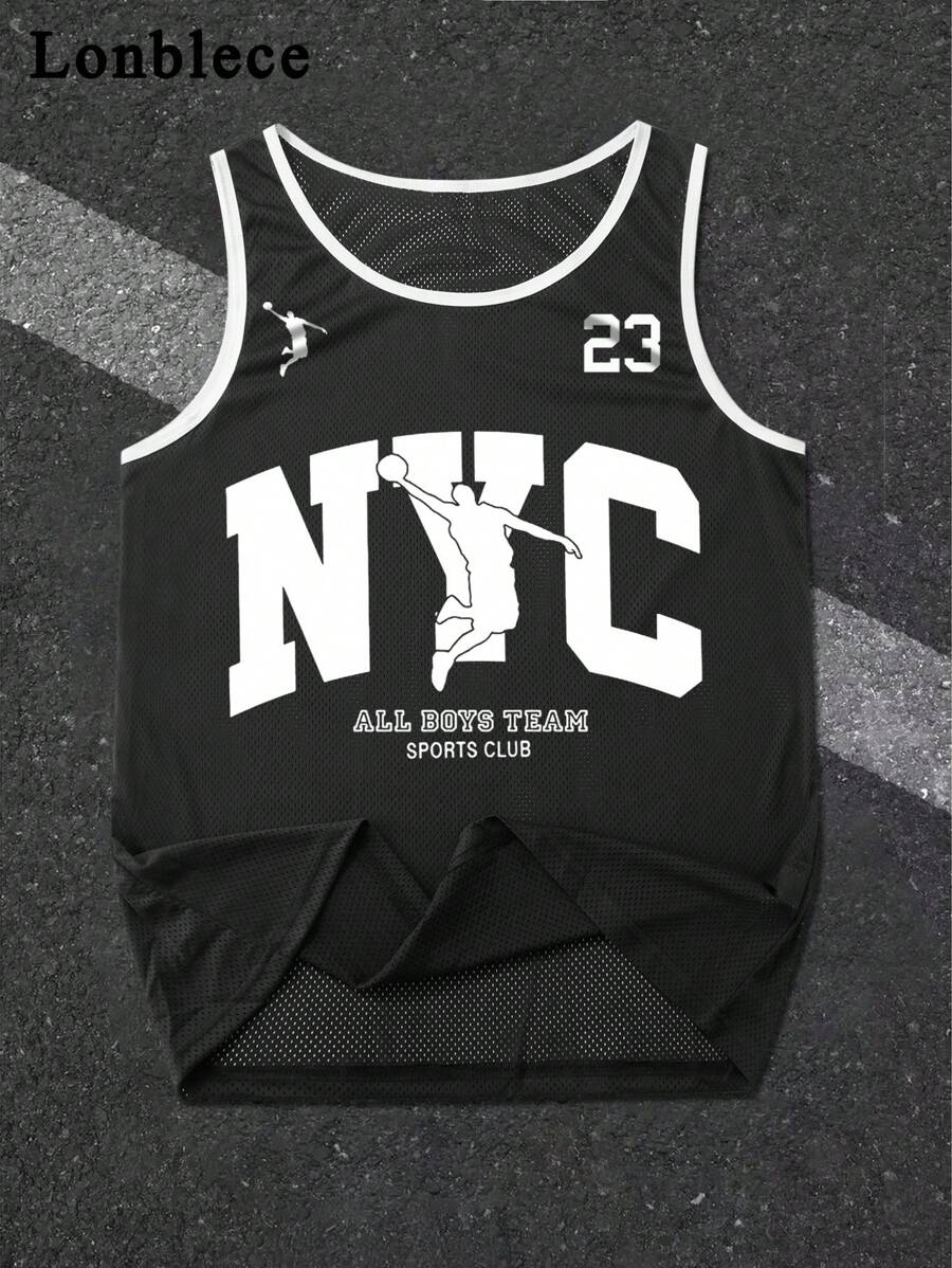 Lonblece 1pc Casual Numeric & English Letter Print Quick-Dry Round Neck Sleeveless Tank Top, Sports Style, Spring/Summer