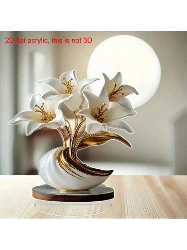 2D-Acrylvase mit goldener Lilie – elegante dekorative Skulptur in Weiß und Gold, geeignet für Zuhause, das Büro oder besondere Anlässe | Besonders geeignet für Ostern, St. Patrick's Day usw. | Tischdekoration, Bürodekor | elegantes Vasendesign | exquisite Handwerkskunst, florales Dekor