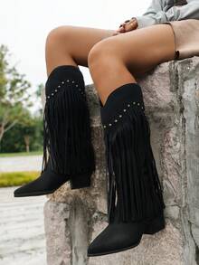 哥特式女式尖头高跟西部靴，带流苏装饰