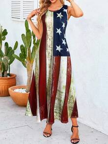 Women's Casual Long Tank Dress With American Flag Print- Round Neck Summer Sundress, Casual Vacation Outfit, Stretchy Bodycon Midi Dress For Beach & Daily Wear,Fashion Vacation Outfits Women,Bohemia Multicolor Women Long Dresses - Nhiều màu - Xem 1