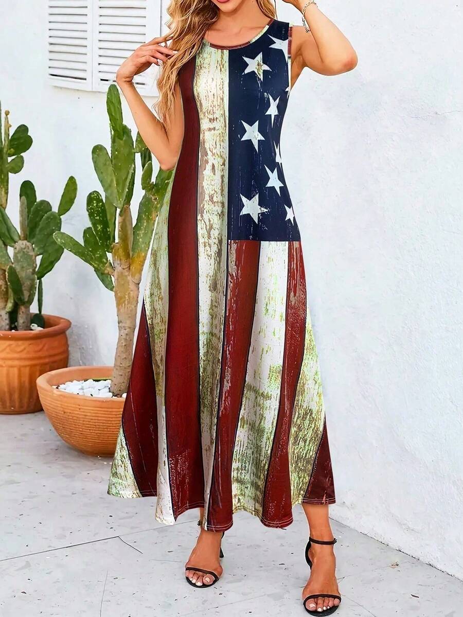 Women's Casual Long Tank Dress With American Flag Print- Round Neck Summer Sundress, Casual Vacation Outfit, Stretchy Bodycon Midi Dress For Beach & Daily Wear,Fashion Vacation Outfits Women,Bohemia Multicolor Women Long Dresses - Nhiều màu - Xem 1