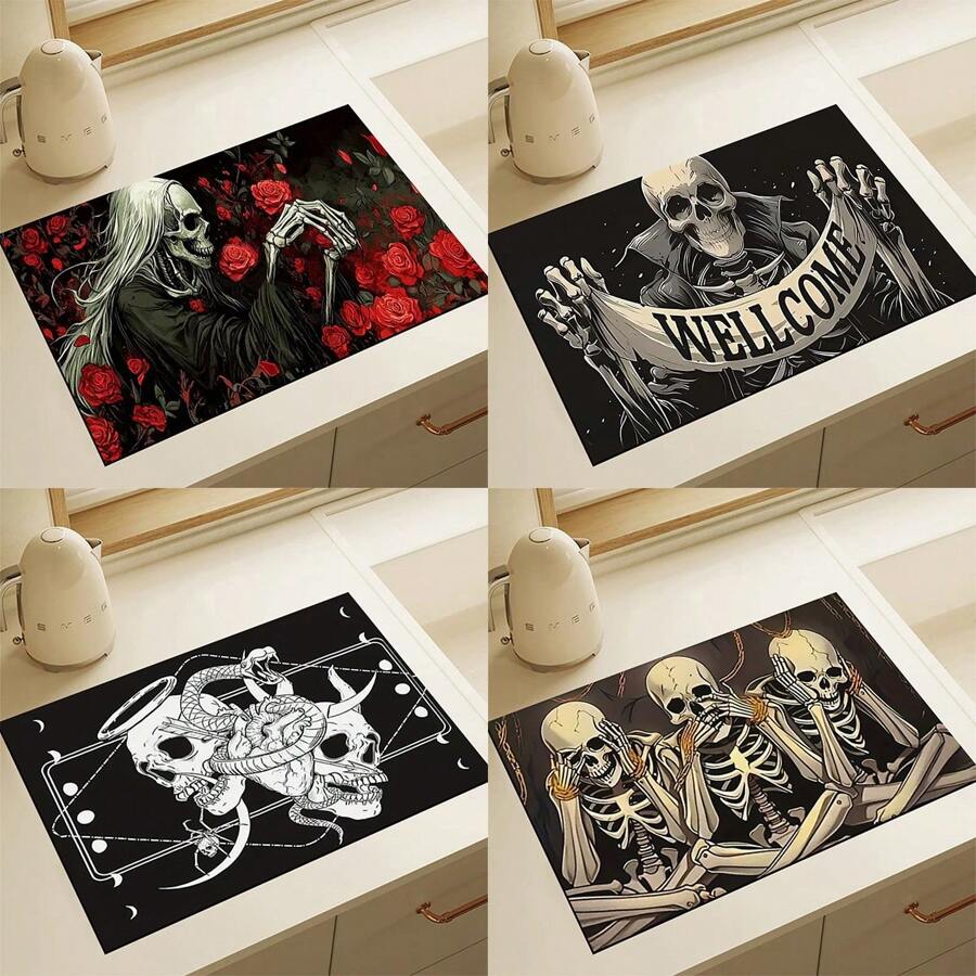 1 pieza Felpudo absorbente con estampado de esqueleto de Halloween para encimeras de cocina, tazones, platos, con alta absorbencia que oculta las manchas, con respaldo de goma, estera multifuncional para cafeteras, escurreplatos, utensilios de cocina