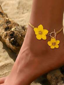 1 pieza Tobillera de mujer con colgante de diseño floral elegante y sencillo pintado en amarillo, apto para vacaciones y fiestas