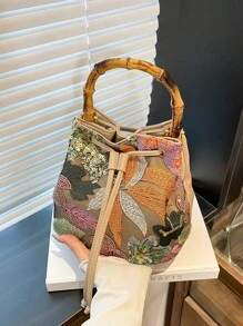 High-End Sequin Bamboo Bucket Bag New Niche Women's Bag Summer Popular Embroidery Straw Woven Crossbody Bag