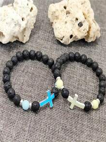 2pcs Vintage Lava Stone Glow In The Dark Bead Bracelet, Multi-Color Elastic Cross Beaded Bracelets For Men