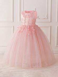 Tween Girls Embroidery Applique Bridesmaid Wedding Party Flower Girl Dress, Elegant Tulle Birthday Party Children Clothing Graduation Ceremony Hosting Performance - 粉色 - 查看 3