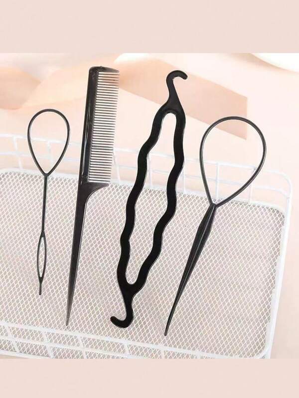 Conjunto de 4 ferramentas para trançar cabelo preto, acessórios para penteados trançados para uso diário e casual, ferramentas práticas para modelar cabelo para mulheres, modelar cabelo, acessórios para cabelo, acessórios para cabelo, kit para modelar cabelo, kit de ferramentas para cabelo, conjunto para modelar cabelo