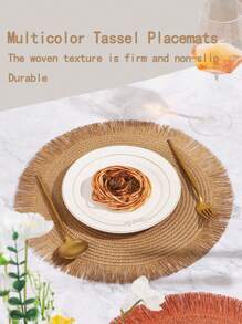 مجموعة من 2/6/8 قطع من الحصير المنسوج بشكل طبيعي، حصير دائري بطراز بوهيمي مزين بشراريب، قطر 15 بوصة، مقاوم للحرارة وقابل للغسيل، أطباق طاولة المطبخ، أطباق تحت الأكواب مانعة للانزلاق للتخييم وحفلات العائلة والزفاف والأعياد والحفلات العشائية