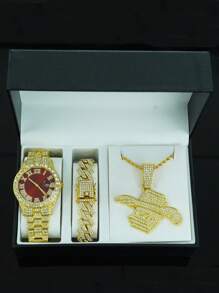 1 Set de joyería para hombre con colgante con signo de dólar con alas todo cubierto de rhinestone, reloj, pulsera, conjunto de joyería de lujo y glamoroso, accesorio de moda brillante