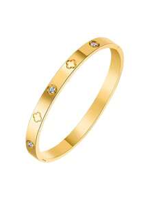 New Fashionable High Quality Stainless Steel Flower Zirconia Bangle & Open Cuff Bracelet Jewelry Set, Suitable For Women Everyday Wear