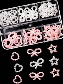 Caja de 44 piezas de decoración de arte de uñas con corazones de perlas blancas y rosas, estrellas de cinco puntas de perlas y lazos de perlas. Juego de accesorios de encanto tridimensional de lazo, estrella de cinco puntas y corazón para decoración de uñas de damas en fiestas, bailes y citas. Caja de regalo de accesorios de decoración de arte hecho a mano, adecuado para decoración de uñas y accesorios de maquillaje.