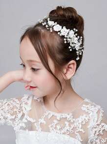 1 pieza Diadema con flor blanca y perlas para mujer/niño, peineta con rosa, accesorio vintage elegante y versátil