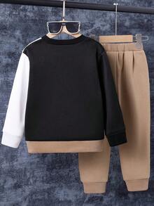 青少年男孩字母图案印花保暖圆领运动衫和裤子套装 - 卡其色 - 查看 2