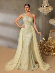 Faeriesty Elaborate Women's Sleeveless Sequined Gown With Asymmetrical Neck Design And Lace Up Back Detail For Evening - Champagne - View 4