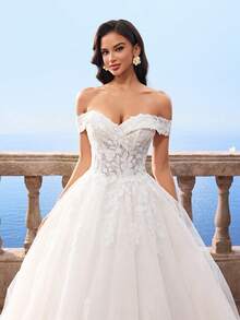 HEARBOBO 优雅别致露肩圣诞白色蕾丝贴花长款网纱A字婚纱新娘礼服 - 杏色 - 查看 5