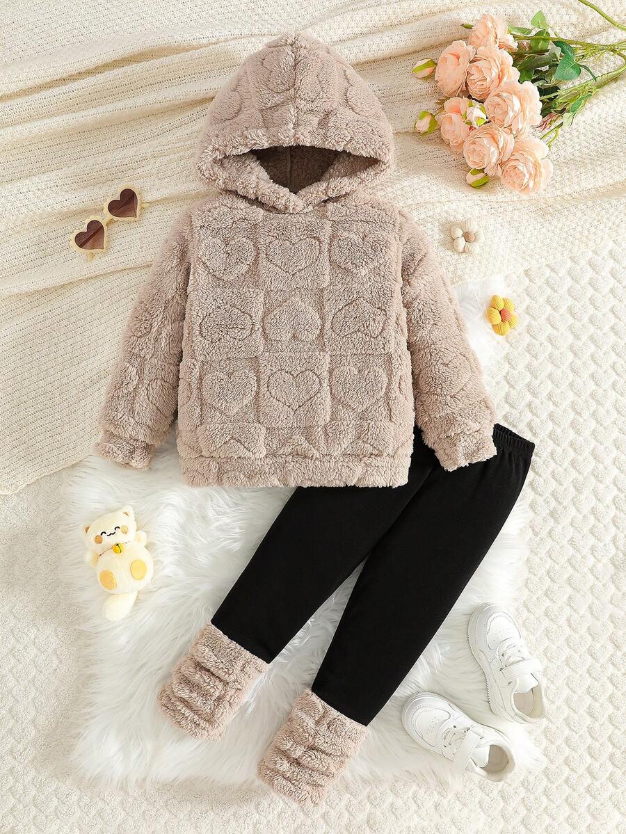 Setelan Baju Sweatshirt Berkerudung Hangat dan Celana Fleece Warna Polos untuk Anak Perempuan, Pakaian Kasual Sehari-hari, Musim Dingin - Unta - View 1