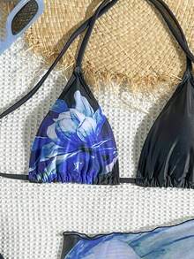 3 件套女士渐变热带花卉印花比基尼套装，可调节比基尼上衣肩带，系带侧三角裤，高覆盖纱笼裙防曝光设计，适合海滩和派对，女士泳装