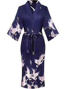 DandyChic Women's Long Floral Satin Robes Imitation Silk Sleepwear Bridal Dressing Gown For Bridesmaid Nightgownhalloween - 海軍/起重機 - 查看 1