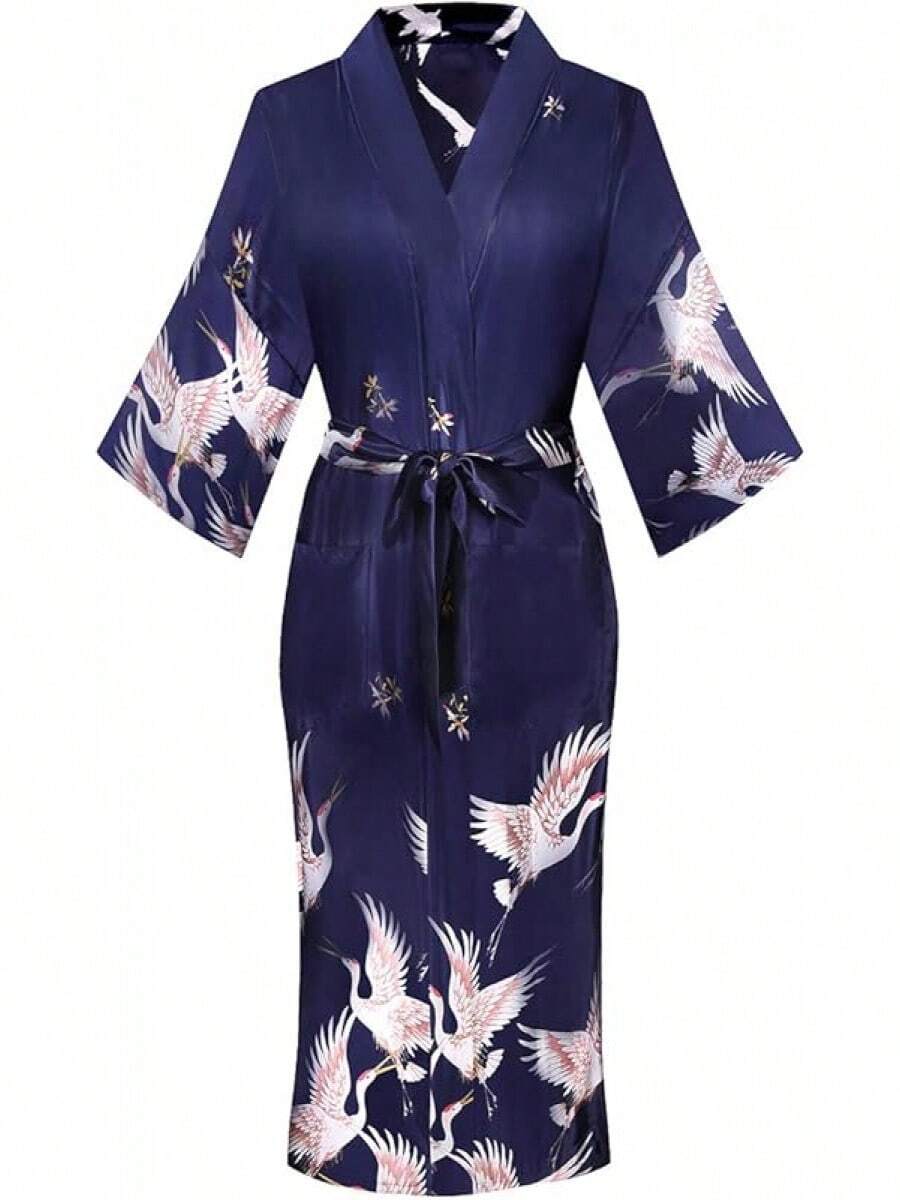 DandyChic Women's Long Floral Satin Robes Imitation Silk Sleepwear Bridal Dressing Gown For Bridesmaid Nightgownhalloween - 海軍/起重機 - 查看 1