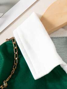 2 件套女孩休闲字母条纹印花半开领落肩长袖上衣运动衫和迷你裙套装，春秋季 - 綠色 - 查看 3