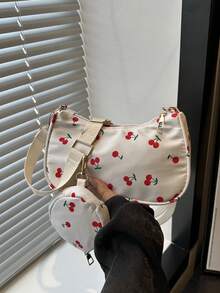 2pcs Set: Mini Geometric Pattern Square Coin Purse & Classic Women Crossbody Bag With Hanging Pouch, Cherry Blossom Design - Red and White - View 9