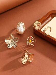 6 Pieces Vintage Handmade Hammered Thick Gold Plated Metal Wind Designer Colorful Gemstone Set Geometric Mixed Baroque Pearls Girly Hawaiian Vacation Casual Holiday Ceremonial Gift Wearable Temperament Party Gathering Fashion Women's Ring Set - 巴洛克花金屬戒指 - 查看 9