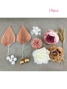 32 Stück oder 19 Stück Tortendeko im Bohemien-Stil, Tortendekoration Blumen, Künstliche Blumen, goldene oder rosa Palmwedel-Papierwindräder, goldene und weiße Schaumstoffkugeln für Tortendekoration, rosa, lila und weiße künstliche Blumen, geeignet für Bohemien-Hochzeitstorten, Taufe, Gender Reveal Party, Baby-Shower, Geburtstag, Muttertag, Weihnachten, Erntedank, Neujahr Tortendeko-Accessoires, elegante Damen Tortendekoration (Boho-Stil)