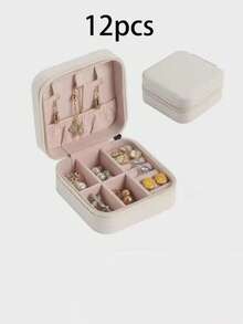 1/12 件方形 PU 珠宝收纳盒，便携式珠宝盒，梳妆台收纳盒，夏季旅行珠宝盒，多层便携式旅行珠宝展示盒，收纳礼盒，极简翻盖，防水大容量，适用于戒指、项链、耳环、手表、口红等珠宝收纳，卧室装饰，户外旅行用品，带纽扣封口，优雅的国际风格，适合旅行和家居，适合女孩、礼物、节日、婚礼女士收纳整理器旅行必需品返校宿舍收纳