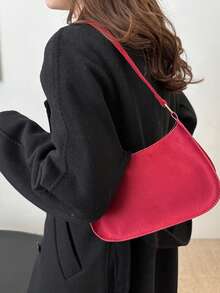 时尚简约单肩托特包手提包，复古复古腋下包，高端轻便拉链手提法棍包，多功能大容量小零钱包，别致欧美街头风，适合派对，上班通勤，化妆品收纳 - 紅色 - 查看 7