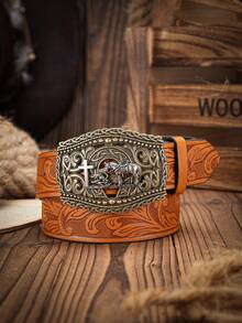 1 件男女通用波西米亚西部风格金属扣复古深棕色 PU 皮带，适合休闲和个性化搭配（含打孔器）