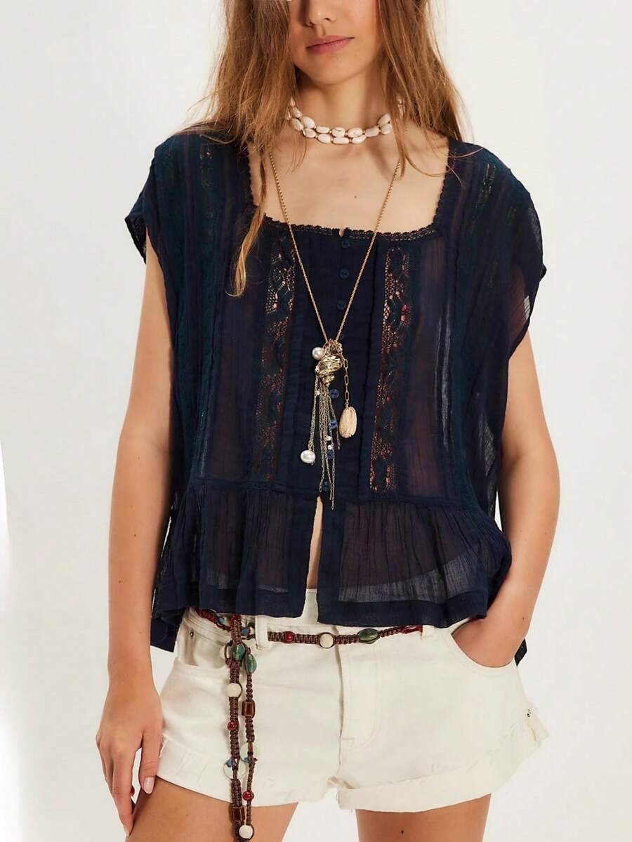 Women Summer Boho Button Front Lace Trim Shirts Tops Y2k Short Sleeve Square Neck Flowy Frilly Chiffon Cardigan Ruffle Eyelet Tank Tops Beach Vacation Going Out Tops Blouses Casual Aesthetic Clothes - Màu xanh hải quân - Xem 1