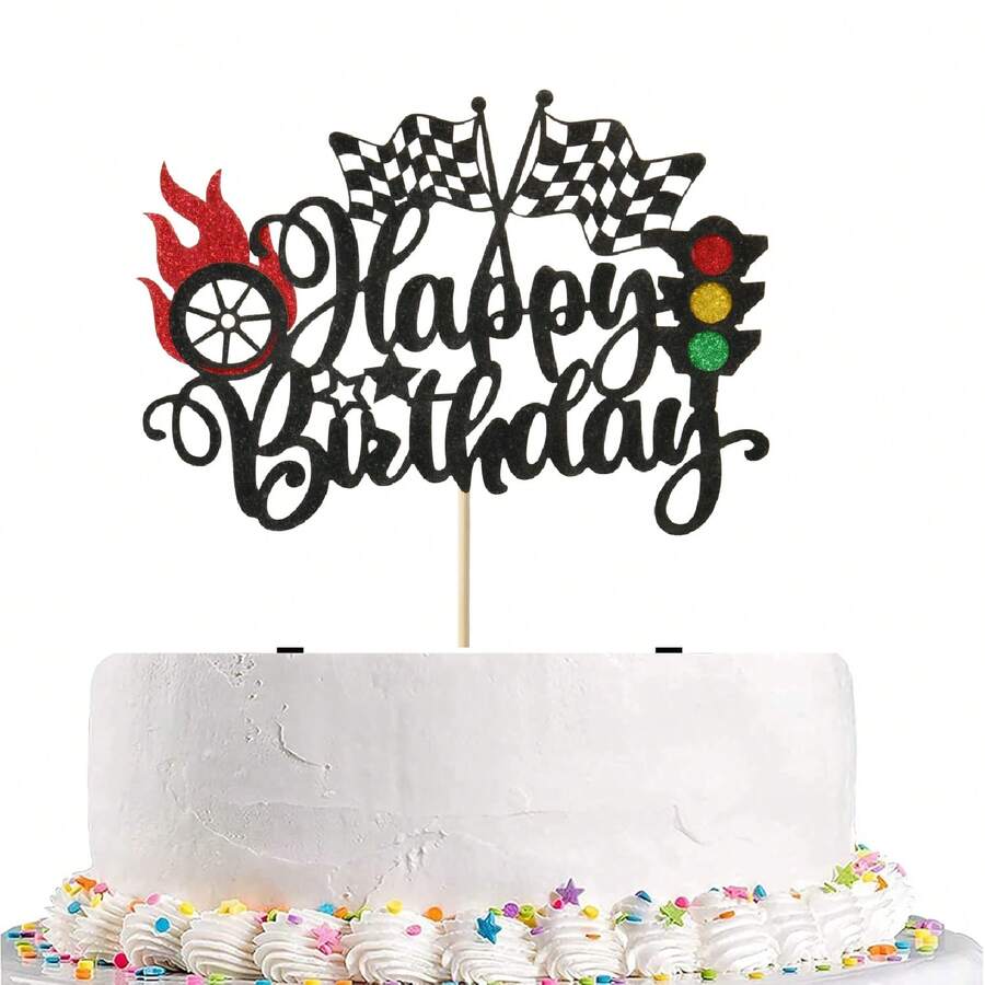 1 件赛车生日快乐蛋糕装饰闪光交通灯奖杯旗帜车轮赛车蛋糕挑选让我们去赛车主题淋浴生日派对蛋糕装饰用品，汽车蛋糕装饰，汽车生日蛋糕装饰赛车蛋糕装饰赛车方格旗主题生日派对用品