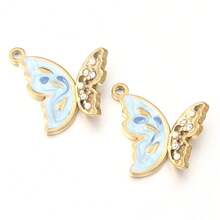 2 piezas/Paquete Colgante de acero inoxidable con strass y perla, 21X21.5mm Colgante para collar/pulsera para hacer joyas DIY, accesorios hechos a mano de lujo y versátiles con diseño de mariposa