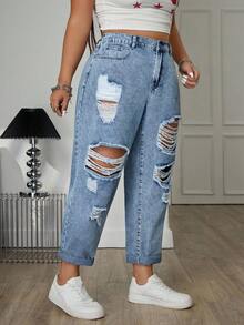 Jeanoix Plus Size Casual Bleashed Ripped Loose Jeans - Light Wash - View 3