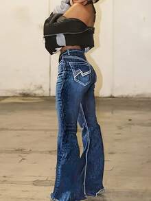 Women's High-Waisted Slightly Flared Pants, Raw Jeans, Slim Wash, Double Button, Geometric Embroidery, Mature Retro Fashion, Slim Fit, Tall And Thin, High-End Sense Of Luxury, Classic All-Season Versatile Flared Pants, Women's Pants - 中等水洗藍 - 查看 2