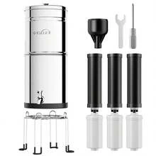 Gravity Water Filter System, 3.25G Berkey Stainless Steel Countertop System Water Purifier With Stand, Reduce 99% Chlorine For Home Camping Backpacking RVing, 3 Carbon And 3 Fluoride Filters - 黑色 - 查看 1
