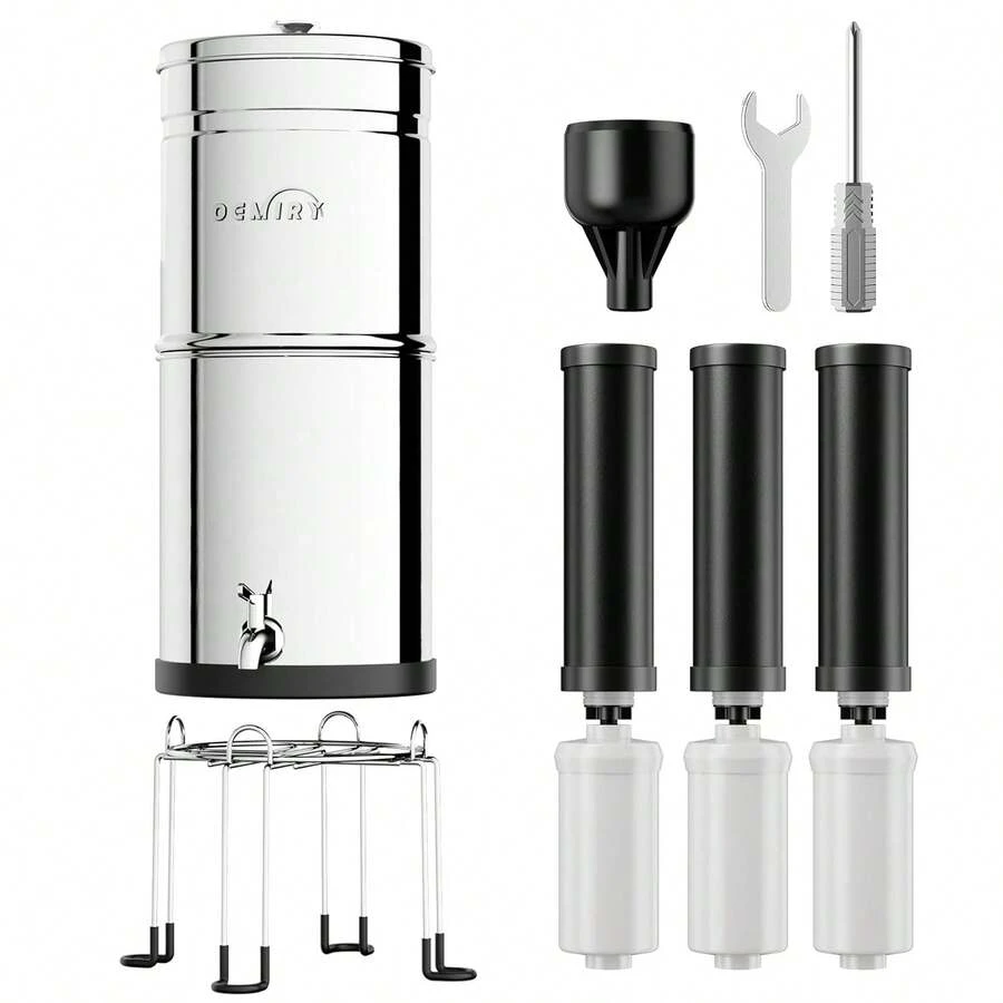 Gravity Water Filter System, 3.25G Berkey Stainless Steel Countertop System Water Purifier With Stand, Reduce 99% Chlorine For Home Camping Backpacking RVing, 3 Carbon And 3 Fluoride Filters - 黑色 - 查看 1