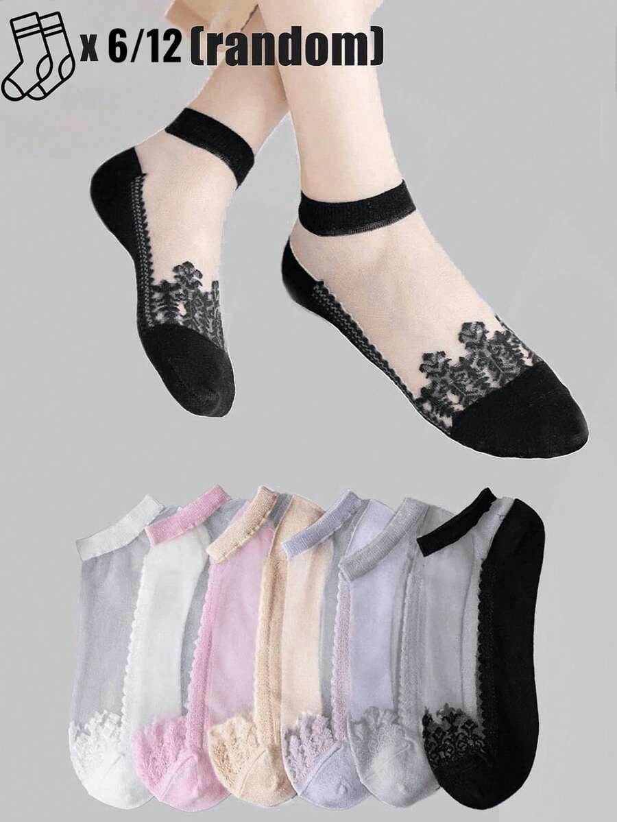 6/12 Paar Damen transparente Glasfaser Socken, einfarbige atmungsaktive Kurzsocken, durchscheinend, geeignet für Frühling, Sommer, Alltag und Freizeitbekleidung