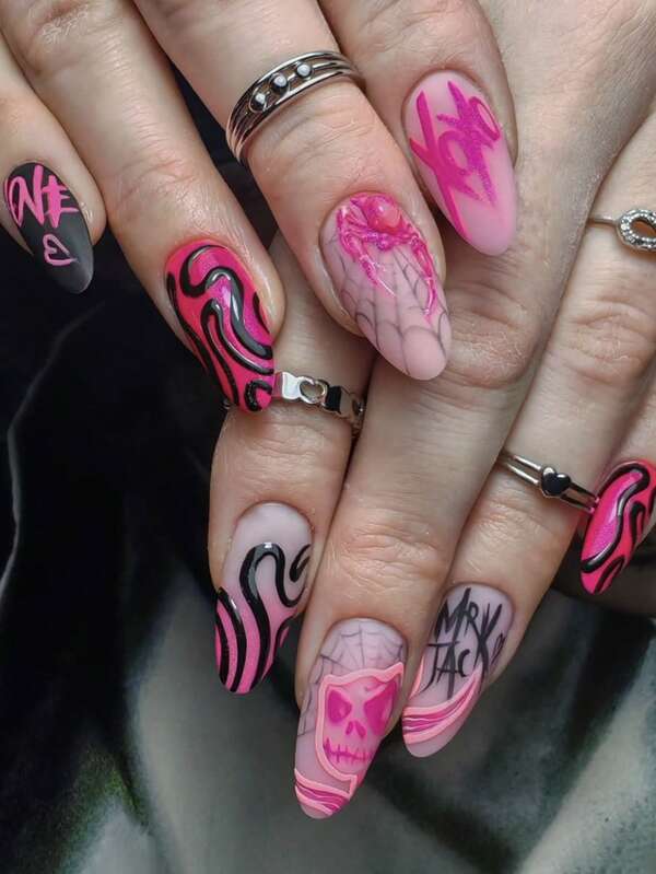 Rehaussez votre style avec 24 pièces d'ongles courts en forme d'amande roses pour Halloween avec des motifs de bandes créatives, de dessins animés mignons et de manucure française, avec 1 pièce de colle de gelée