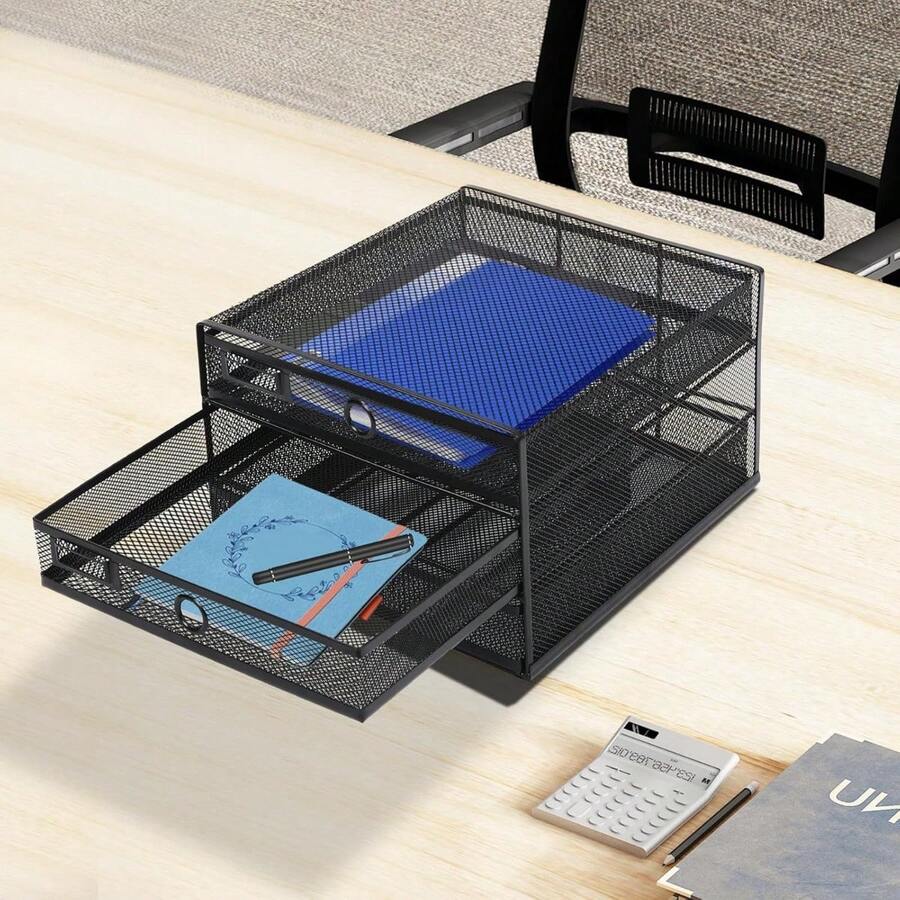OUKANING Schreibtisch Organizer Dreifach-Schreibtisch-Ordnerhalter 3 Fächer für Dokumente Mesh Schreibtisch Zubehör Ablage Zeitschriftenhalter für Bürobedarf 35.5 * 25.5 * 17cm (Schwarz) - Schwarz - Übersicht 1
