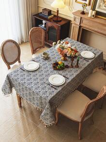 1 szt. Vintage Elegancki Niebieski I Biały Porcelanowy Drukowany Obrus Z Frędzlami, Prostokątny Wzór Kwiatowy Na Stolik Kawowy, Pokrowiec Na Szafkę Nocną, Wystrój Domu, Nadaje Się Do Jadalni, Imprezy, Święta Dziękczynienia, Uroczystości, Na Zewnątrz, Ogród, Kemping Jesienią