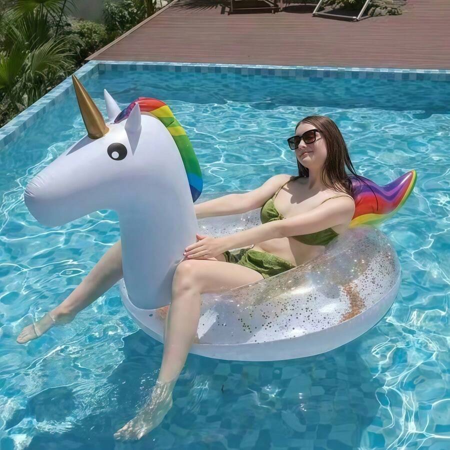 1pc Unicorn & Flamingo Inflatable Pool Float Ring, Thickened PVC Adult Swimming Ring Water Entertainment Inflatable Unicorn Float, Beach Essentials, Beach Accessories