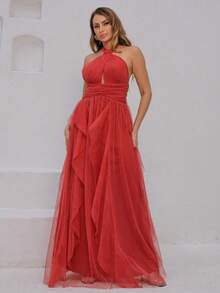 Long Party Dress For Wedding, Bridesmaid, Graduation In Plain Tulle With Cascade Skirt - Màu Cam cháy - Xem 2