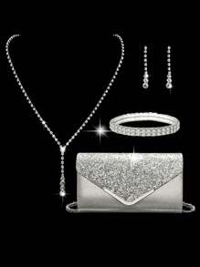 Women's Fashion Versatile Sparkling Elegant Clutch Handbag, Evening Bag, Chain Shoulder Bag, Dress Bag, Water Droplets Crystal Tassel Long Pendant Necklace Earrings 4pcs Set, Party Jewelry Accessories