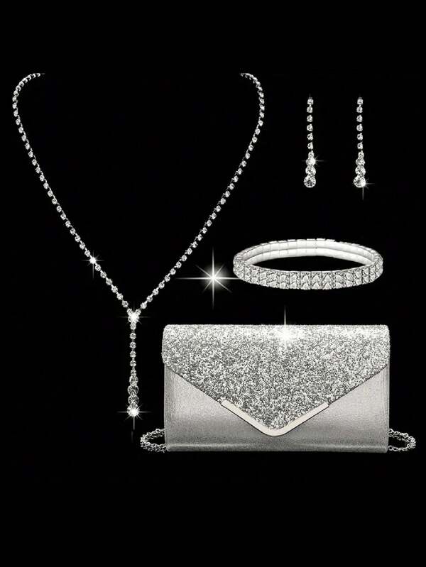 Women's Fashion Versatile Sparkling Elegant Clutch Handbag, Evening Bag, Chain Shoulder Bag, Dress Bag, Water Droplets Crystal Tassel Long Pendant Necklace Earrings 4pcs Set, Party Jewelry Accessories