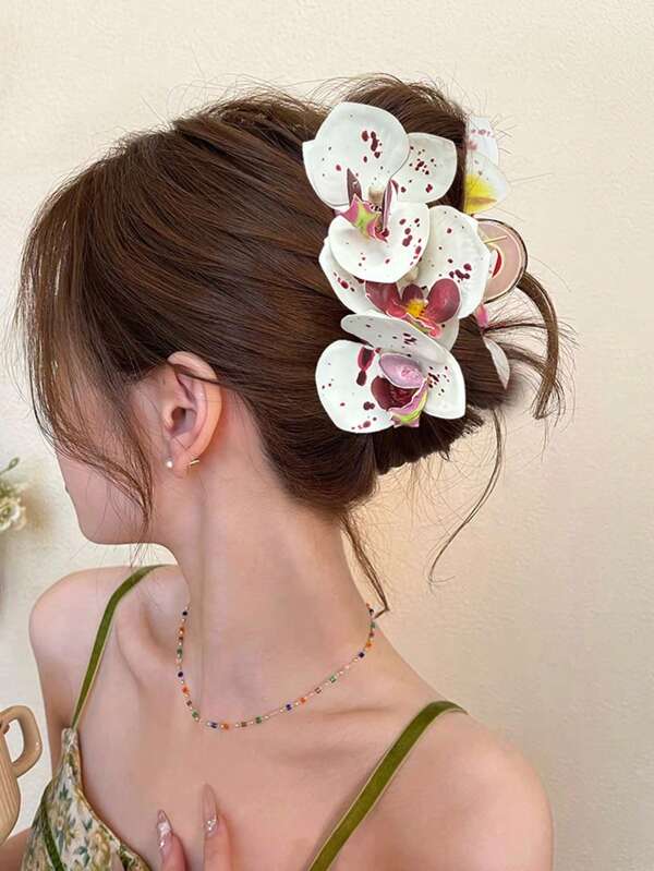 1 pieza Elegante nueva pinza de pelo con orquídea artificial mariposa con lunares, pinza de pelo con flores para fiesta, boda, accesorios de moda para el cabello, pinza de flor elegante para vacaciones, otoño e invierno para atuendos de mujer